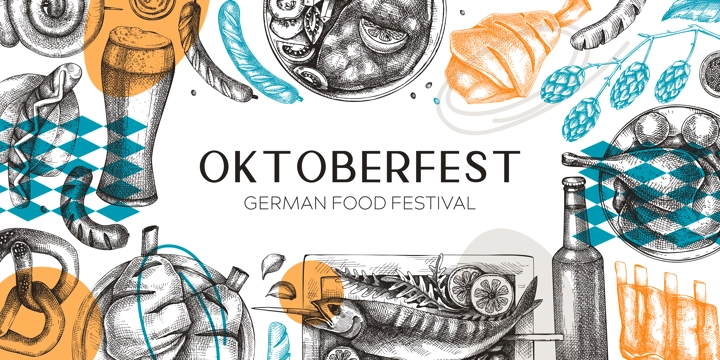 Collage style Oktoberfest background. German food and drinks menu design template. Meat dishes sketches. German cuisine vintage frame. Traditional beer festival banner. Oktoberfest party flyer